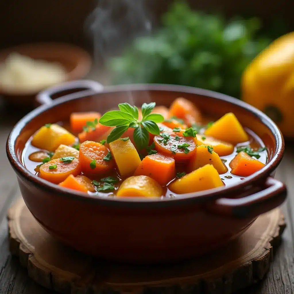 Bowl of hearty vegetable stew with fresh herbs on a stone surface