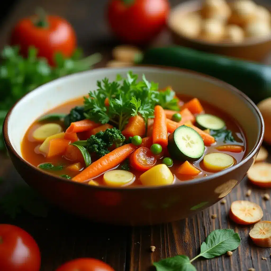 Warm hearty vegetable stew with squash and potatoes in a bowl.