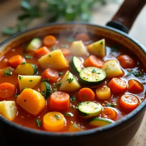 A cozy bowl of hearty vegetable stew with squash and herbs.