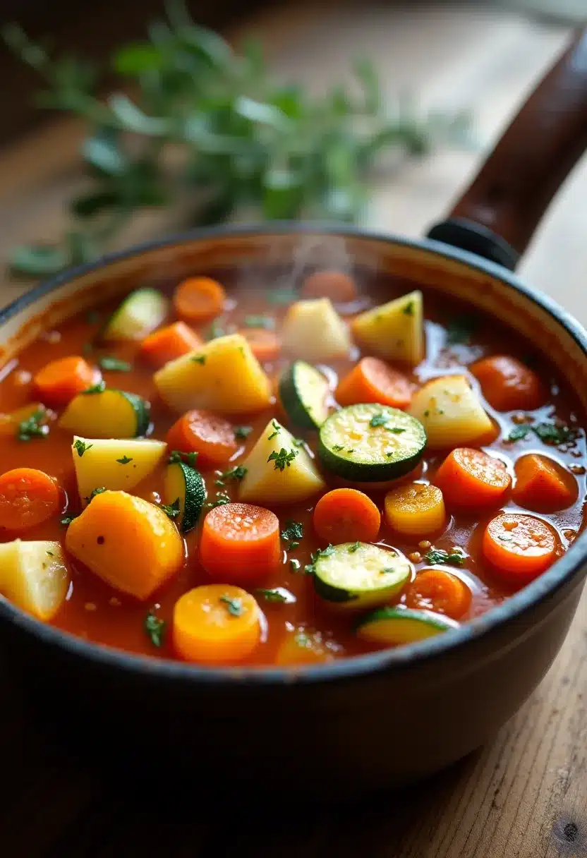 A cozy bowl of hearty vegetable stew with squash and herbs.