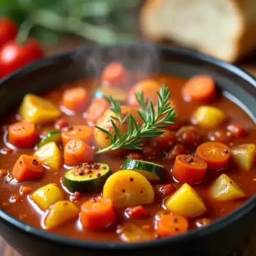 A cozy bowl of hearty vegetable stew with squash and potatoes