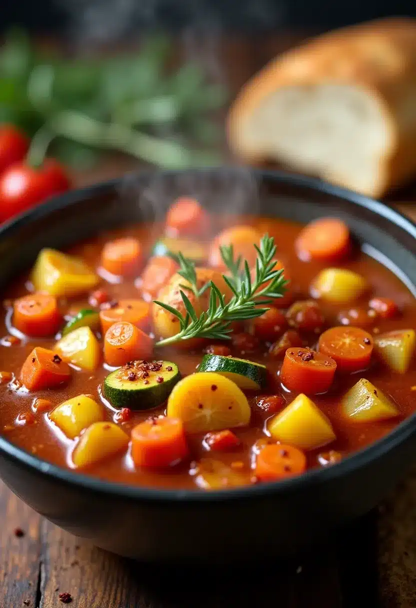 A cozy bowl of hearty vegetable stew with squash and potatoes