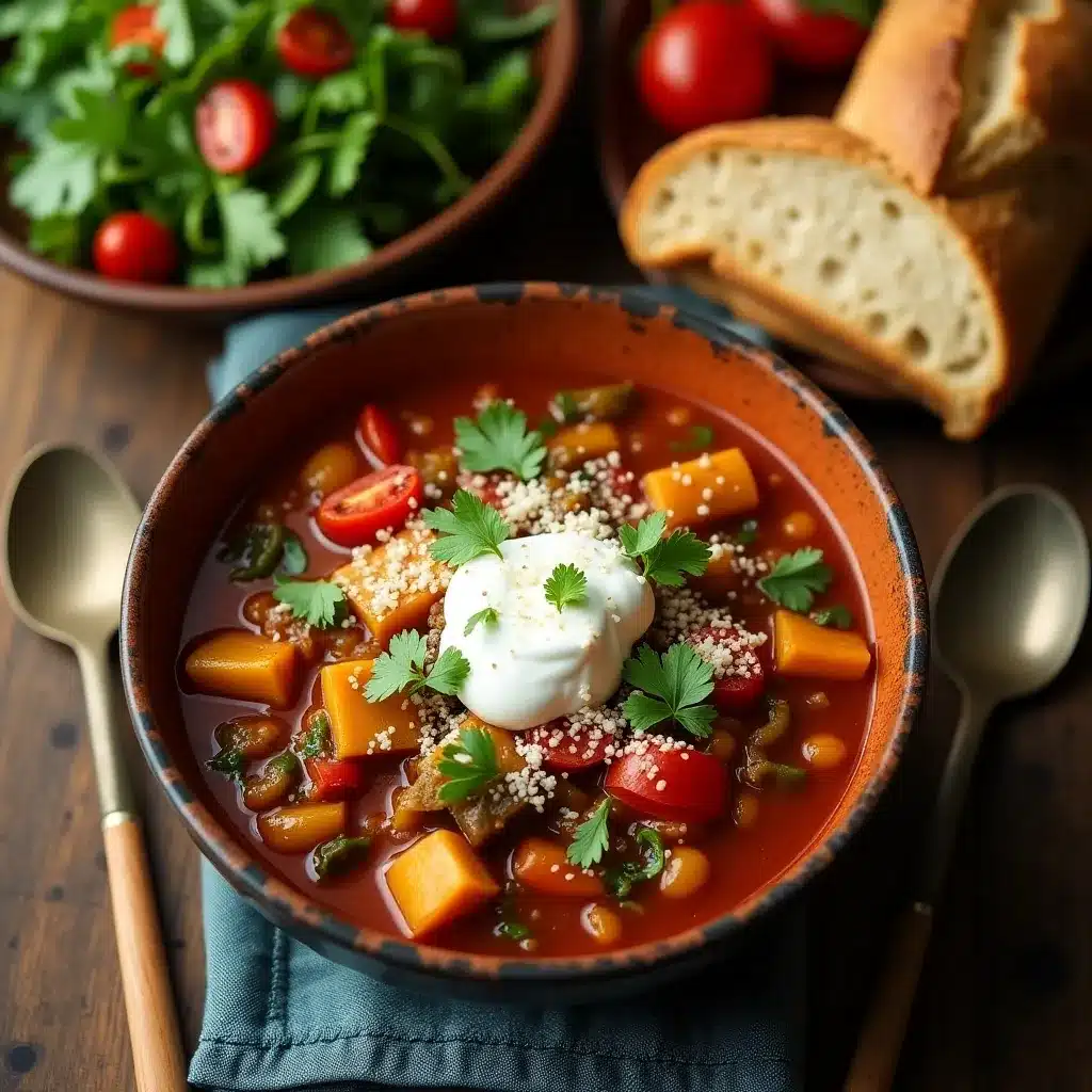 A cozy bowl of hearty vegetable stew with squash and potatoes on a dark surface