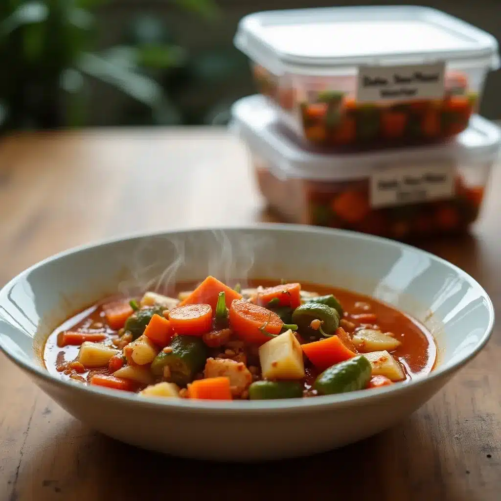 Bowl of hearty vegetable stew with fresh herbs on a dark stone surface