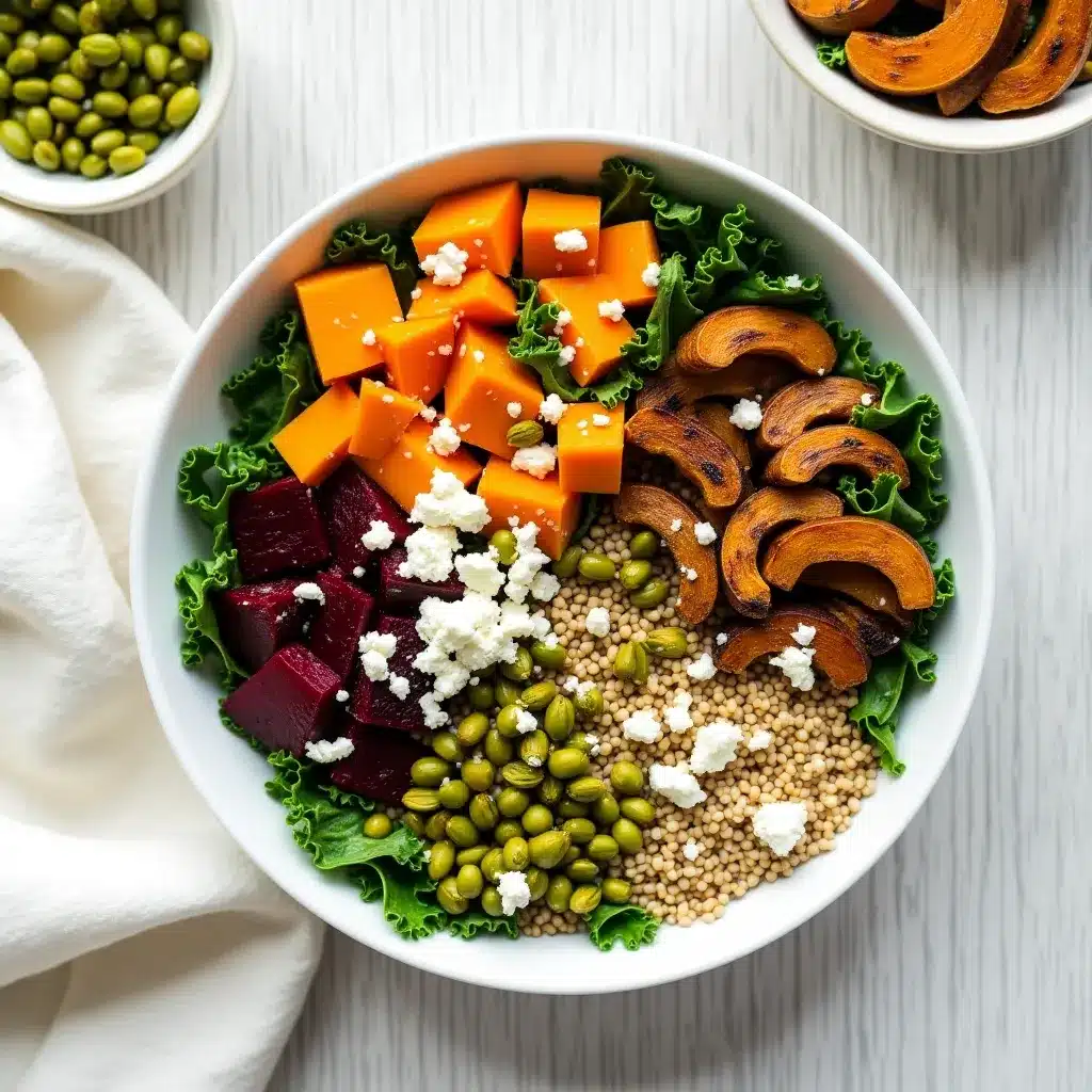 Top view of a Hearty Autumn Harvest Bowl with colorful ingredients.