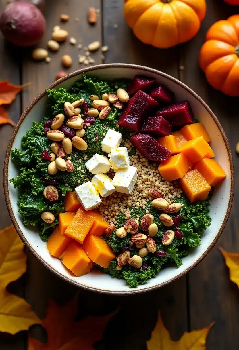 Vibrant Hearty Autumn Harvest Bowl with colorful ingredients