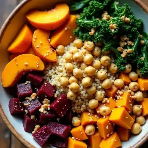 Top view of vibrant Hearty Autumn Harvest Bowl with colorful ingredients