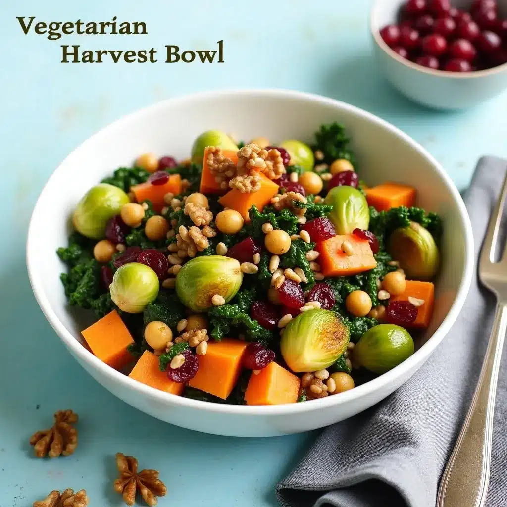 Colorful vegetarian harvest bowl with roasted Brussels sprouts and sweet potatoes