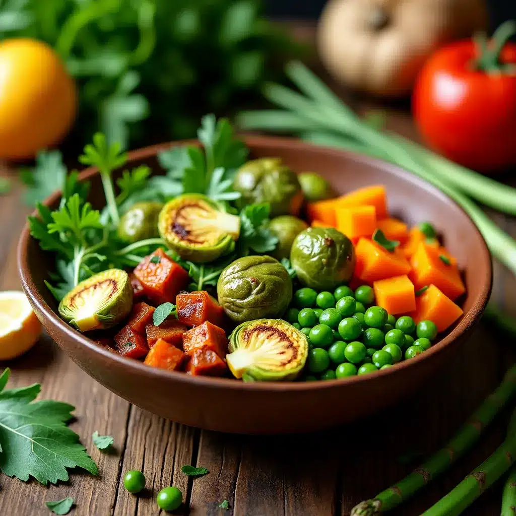 Colorful vegetarian harvest bowl with roasted veggies and chickpeas