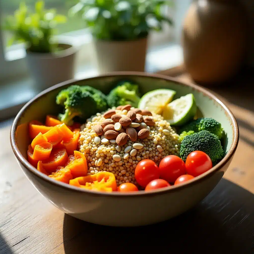 Colorful vegetarian harvest bowl with Brussels sprouts, sweet potatoes, and chickpeas.