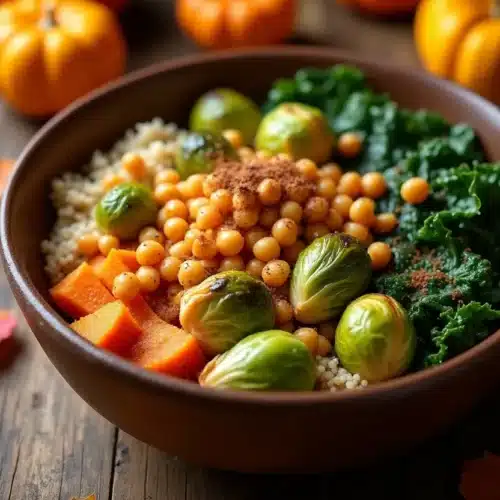 Colorful vegetarian harvest bowl with roasted vegetables and chickpeas