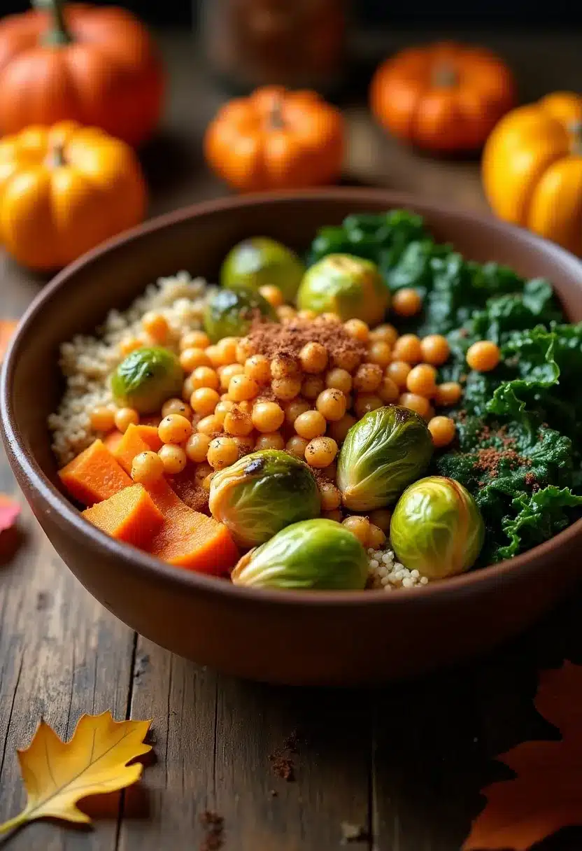 Colorful vegetarian harvest bowl with roasted vegetables and chickpeas