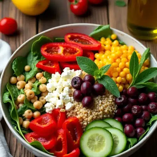 Vibrant vegetarian harvest bowl with Brussels sprouts and sweet potatoes.