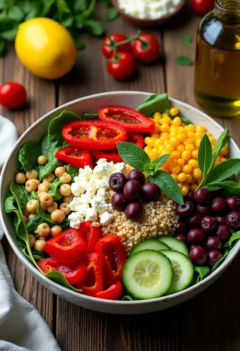 Vibrant vegetarian harvest bowl with Brussels sprouts and sweet potatoes.