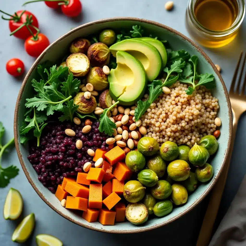 Vibrant vegetarian harvest bowl with roasted Brussels sprouts and chickpeas.