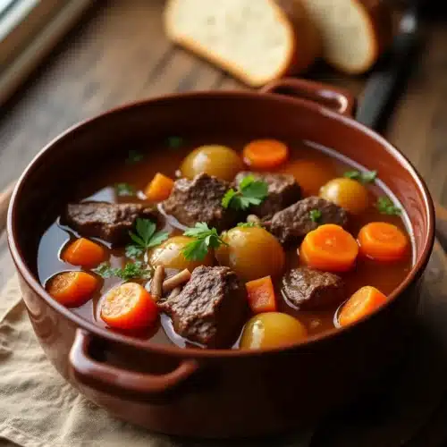 Close-up of hearty beef stew in cast iron pot with vegetables.