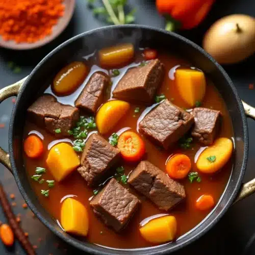 Close-up of hearty beef stew in cast iron pot with vegetables