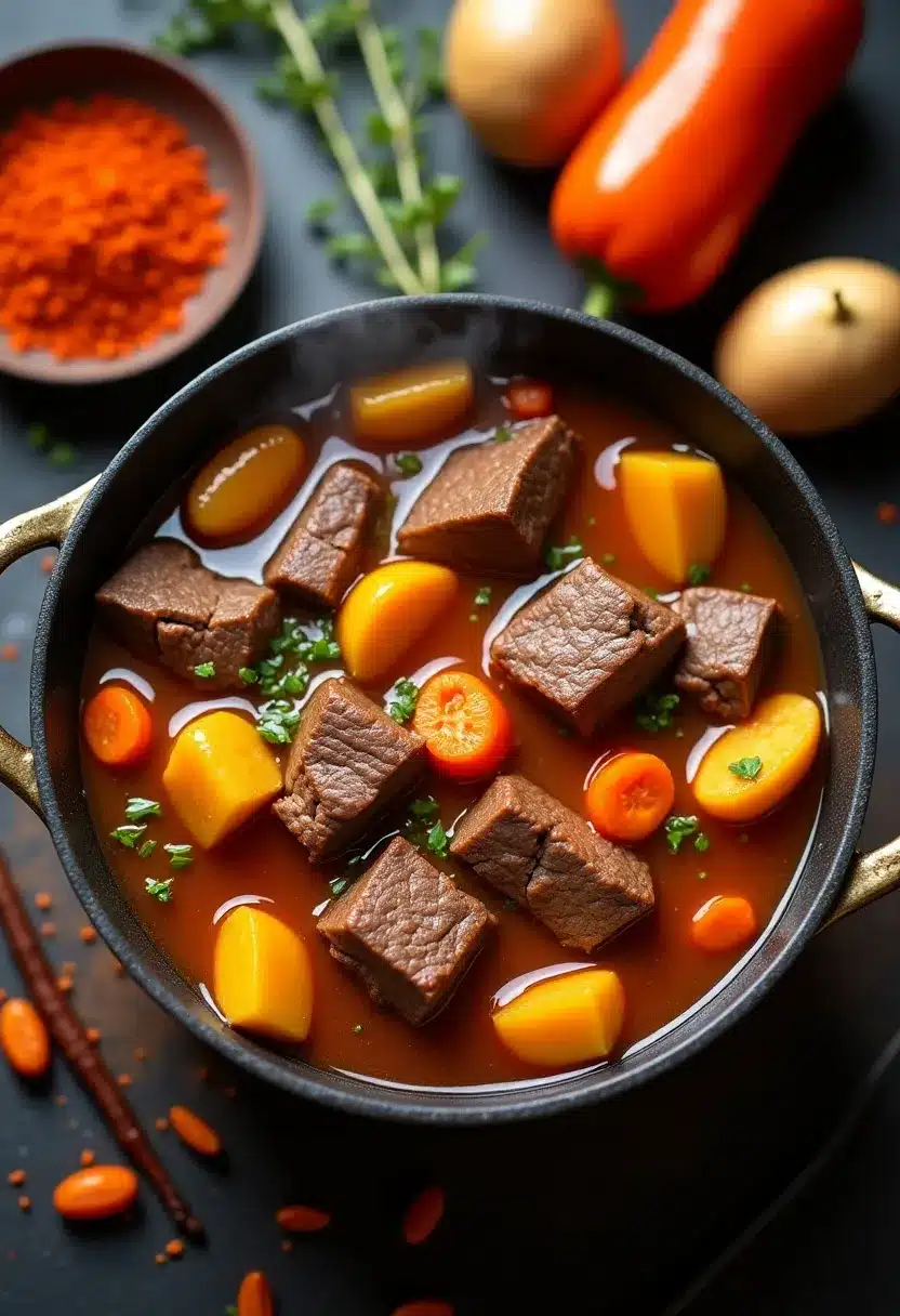 Close-up of hearty beef stew in cast iron pot with vegetables