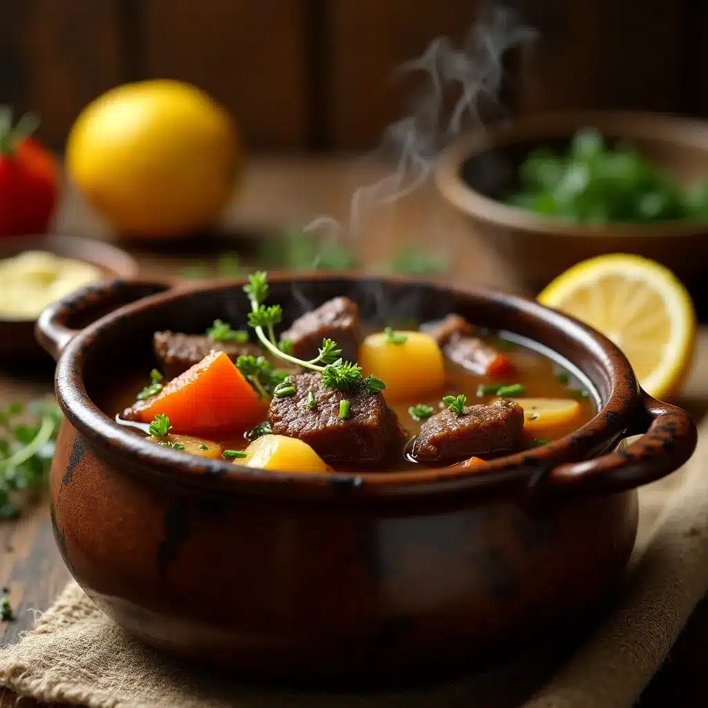 Close-up of hearty beef stew in cast iron pot with carrots and potatoes