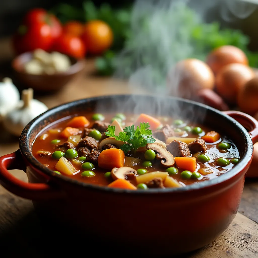 Close-up of hearty beef stew in a rustic pot with vegetables